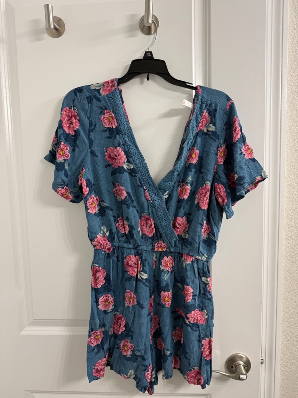Xhilaration Blue Floral Wrap Romper with Pink Flowers